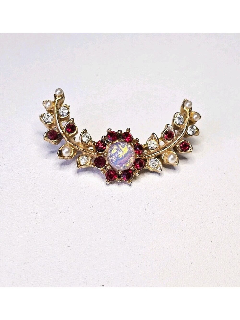 Vintage Gold-tone Faux Opal Brooch Red Rhinestone Pearl Victorian Design